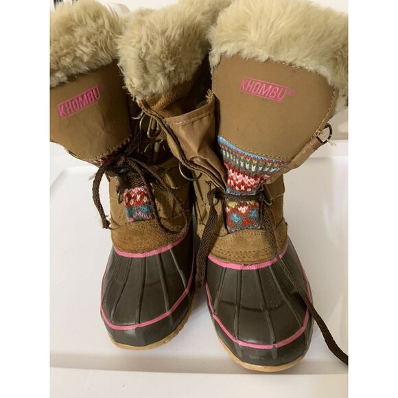 KHOMBU Sweater Duck Boot Leather Aztec Faux Fur Lace Up Tan Women SIZE 4 - Picture 1 of 6